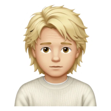 Create a look for a blond boy with long, tousled hair, light eyes, a white sweater, a wealthy appearance, blue eyes, and accessories like a Rolex or Cartier watch, and a cute face with messy hair down. sticker
