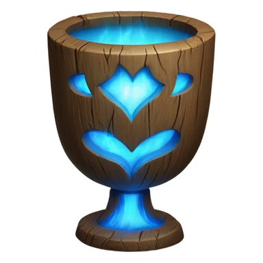 A magical goblet, large and imposing, made of aged wood with a smooth surface. It emits a bright blue glow, with magical flames dancing inside, symbolizing its power and mystery. sticker