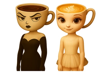 Edit the image to adjust the ballerina character's arms so they are straight down at her sides, while keeping the coffee character unchanged with her arms already straight. Maintain the transparent background. sticker