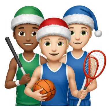 crie a imagem de 3 atletas de modalidades diferentes, usando elementos esportivos, como por exemplo bola, raquete, luca... e usando um chápeu de papai noel das cores verde e azul. sticker