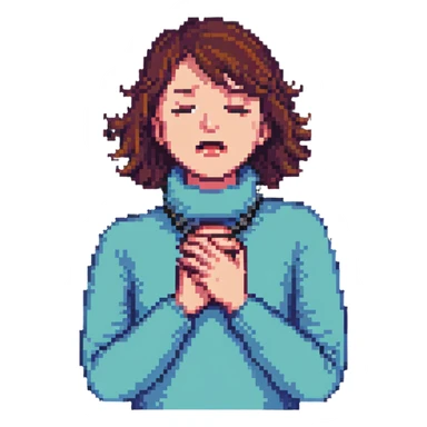 person with hands around their own neck, self-choking, simple and clear pixel art sticker
