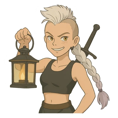 A sword maiden, mohawk, long braid white hair with lavender tips, gold yellow eyes, black crop top, brandishing a lantern. Mischievous smirk sticker