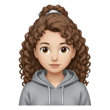 Woman, curly brown hair, hoodie, white pony tail sticker