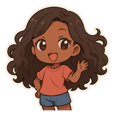 chibi anime style, Black girl with long curly hair, hair waving, cute expression, simple background sticker