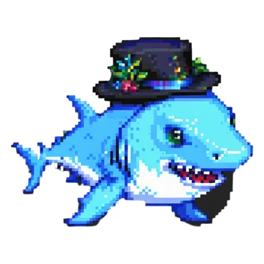 pixel art shark with a black tophat sticker