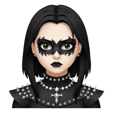 Crea una ragazza con stile black metal,  paint face black metal, capelli neri mossi dalle spalle e occhi bianchi e un collare con borchie a punta sticker