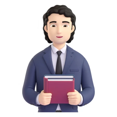 Professional 35-year-old man with black wavy hair, stubble, strong jawline, white skin tone, wearing smart casual business attire, holding a business book, with a confident approachable expression sticker