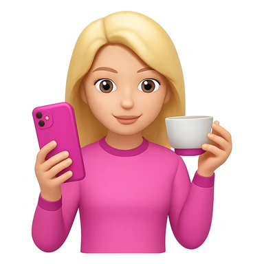 Add a phone in her hand, all pink, Gossip Girl vibe, in the style of apple emojis. Remove the background. sticker