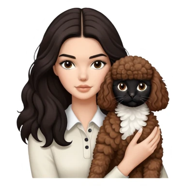Kendall Jenner with long dark hair, holding a brown poodle and a black and white cat sticker