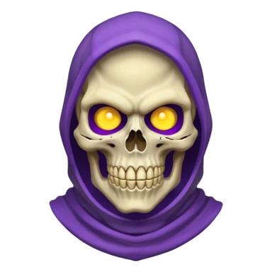 Skeletor, close-up of skull face, glowing yellow eyes, purple cowl sticker
