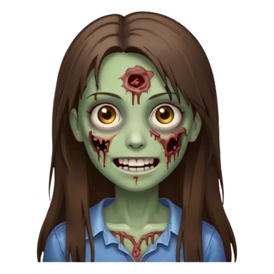 a zumbi girl with long brunette straight hair and light brown eyes, she is happy and beautiful, do it as a icon  sticker