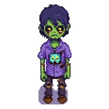 zombie boy with black emo hair and purple shirt, pixel art style sticker