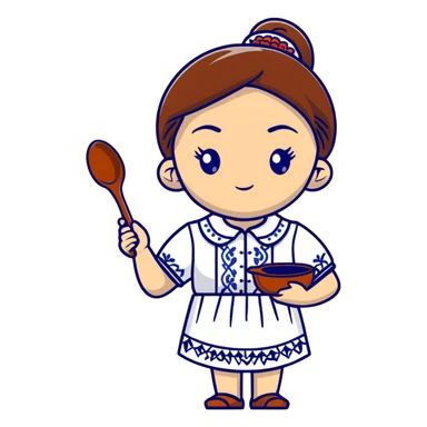 Ukrainian young girl in a white embroidered traditional shirt holding cooking tools like spoon and ladle sticker