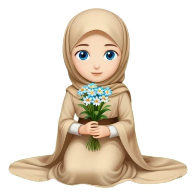 Turkish beautiful finish Konya girl blue eyes with beige flower hijab long tail dress and sits on the grass on the ground and hold beige flower on hand  sticker