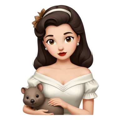 Beautiful woman in 1950’s woman fashion look, off-shoulder white dress, long dark brown hair, wombat sticker
