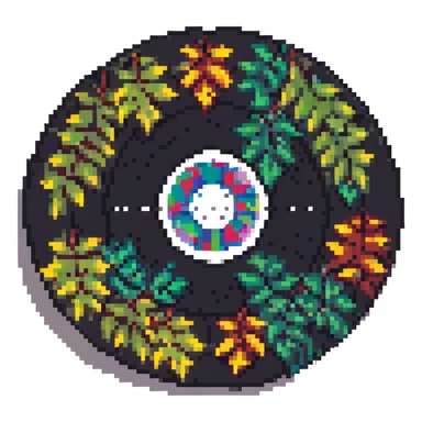pixel art vinyl record with leaves, retro style, warm muted colors, subtle grain, nostalgic aesthetic sticker