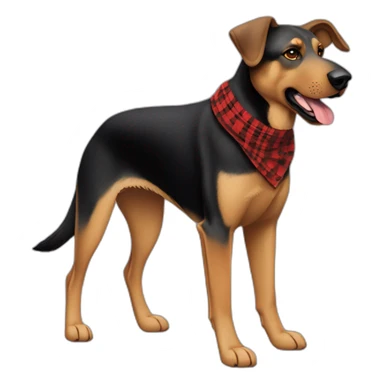 75% Coonhound 25% German Shepherd mix dog wearing small pointed red buffalo plaid bandana pointing down side view full body facing left sticker