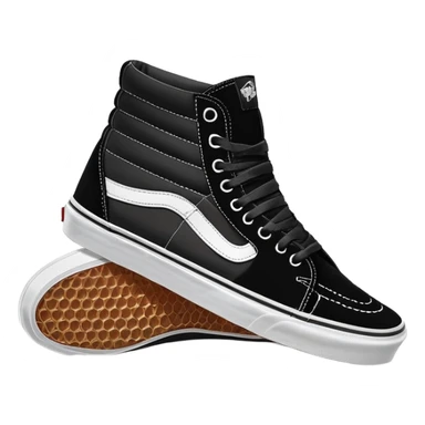 Pair of black Vans Sk8-Hi high top sneakers with white stripe, one positioned behind the other, showing the signature side stripe, black canvas and suede sticker