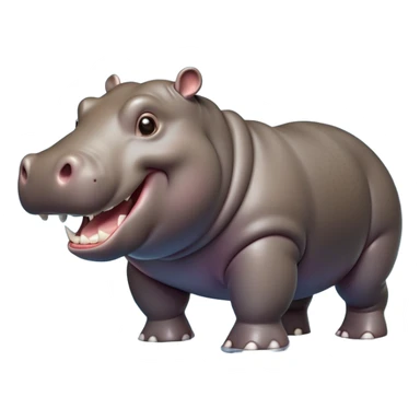 cinematic-hippo-realistic-full-body side view-standing on all fours-emoji,-massive-round-frame,-wide-mouthed-grin-exposing-huge-teeth,-head-tilted-dramatically,-thick-greyish-brown-hide-glossy-from-water,-simplified-yet-realistic-focused-features,-highly-detailed,-glowing-with-an-almost-sarcastic-glow showing only 4 theeth sticker