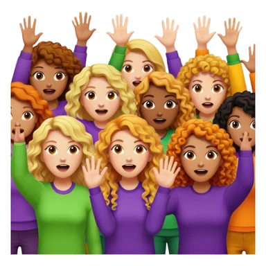 Ladys with blonde curly long hair, black curly long hair and hinge curly long hair with purple, green, orange and yellow clothes putting their hands up and shouting  sticker