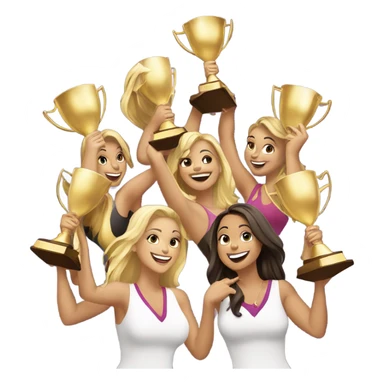 Seven beautiful blonde and Latina women celebrating with 1 huge gold trophy sticker