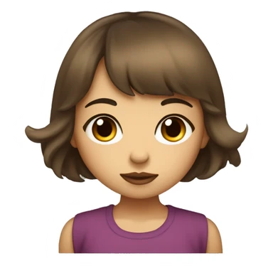  girl with shoulder-length so brown hair with bangs and wavy, slightly not much tanned skin, small black eyes, and making a kissing pout with her lips. sticker