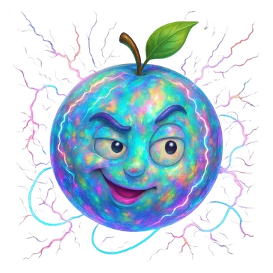 Make the Uranus emoji more eccentric with an opal-like iridescent texture. Add wild, electric, chaotic energy and a playful, unconventional face. Keep the background transparent. sticker