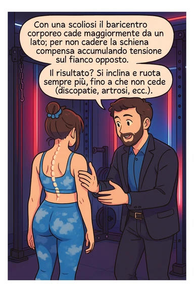 fai questa immagine in versione manga/webtoon a colori con stile di disegno carino e moderno, il manga mostra la donna di spalle, mentre l'uomo le tocca la spina dorsale per spiegarle come funziona la scoliosi:
Con una scoliosi il baricentro corporeo cade maggiormente da un lato; per non cadere la schiena compensa accumulando tensione sul fianco opposto.
Il risultato? Si inclina e ruota sempre più, fino a che non cede (discopatie, artrosi, ecc) sticker