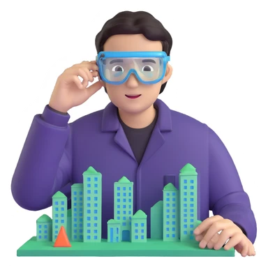 man making a model of a building wearing transparent protective safety glasses sticker