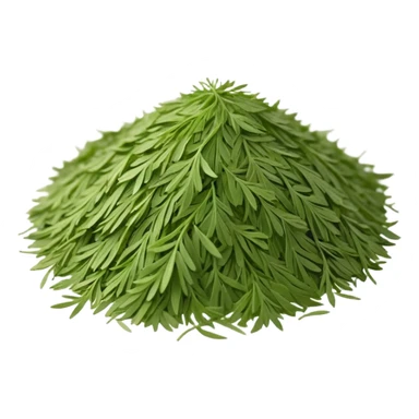 loose sprinkle of fine, feathery green herb flakes, dry airy texture, muted earthy green tones, delicate thread-like pieces, unevenly scattered, evoking dried dill leaves, soft lighting, subtle shadows, emoji scale sticker