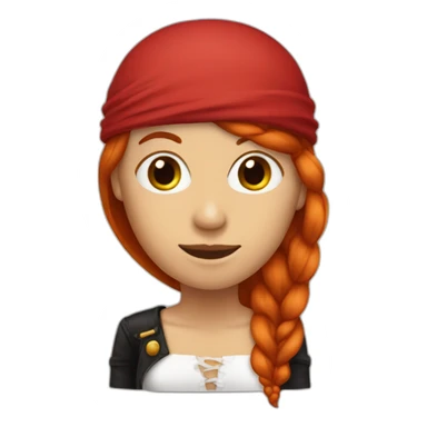 Woman long red hair. Her hair is one long single platt on one side. On Short hair on the other side, pirate hat, skull and crossbones t shirt sticker
