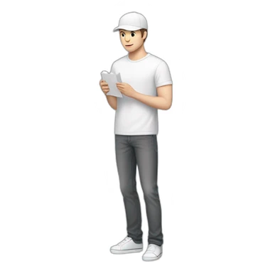 Pale skinned fit Man with dark brown hair in a light gray cap, dark brown jeans, brown polo and white T-shirt keeping a pasted with tape white box into his hands sticker