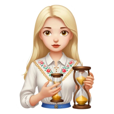 A Ukrainian girl in a white embroidered shirt holds an hourglass in her hands sticker