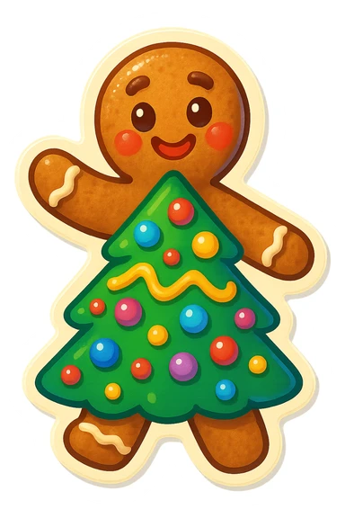 gingerbread man with a tree-shaped body decorated with colorful candies, playful style sticker