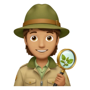  man with brown hair in beige moss green explorer outfit, hat, holding magnifying glass, smile sticker
