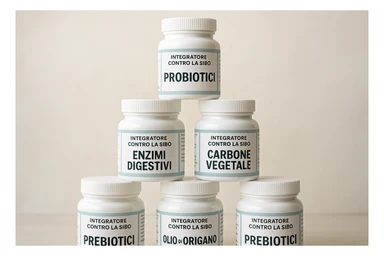 montagna di barattoli di integratori contro la SIBO con etichette in italiano sticker