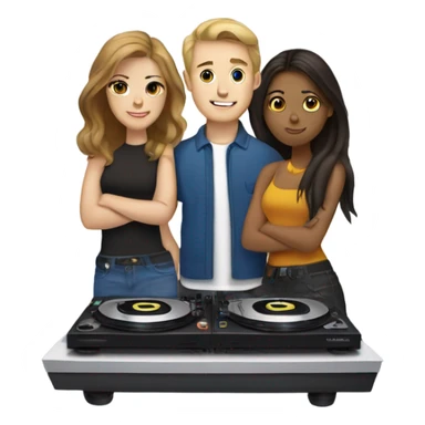 3 people: a white girl, a brown girl, and a white guy behind DJ turntables together sticker