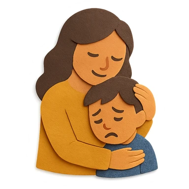 mother hugging a sad child, layered paper look, textured sticker