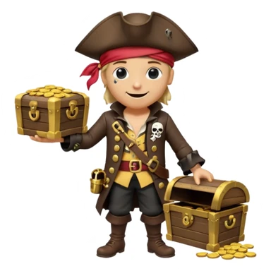 A 3D cartoon pirate character with one eye covered by a black eye patch, holding a treasure chest filled with gold coins and jewels, standing on sandy ground, wearing a pirate hat and coat, warm sunset lighting, realistic Memoji-style rendering. sticker