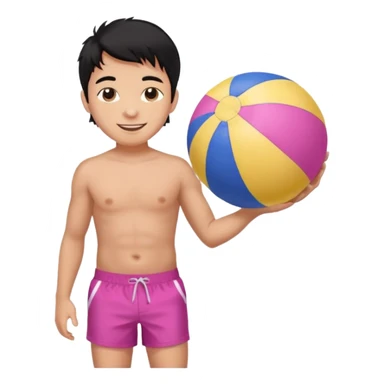 Hawaiian boy with black hair with pink highlights and a swim short, with beach ball sticker