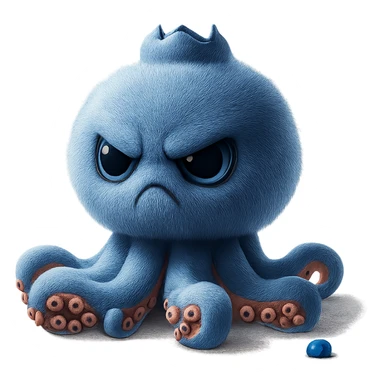 Change the octopus character's face to an angry expression, keeping the image quality and style the same, transparent background, maintain the original style and details. sticker