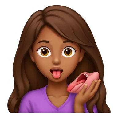 a girl with brown long hair and brown eyes holding her neck with her tongue out sticker