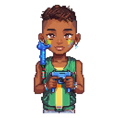 brown-skinned boy with a low taper fade haircut, septum piercing, two eyebrow slits on his left eyebrow, holding a watergun, pixel art style sticker