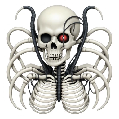 intertwined black wires with undead elements, Giger-inspired, dark surreal biomechanical style sticker