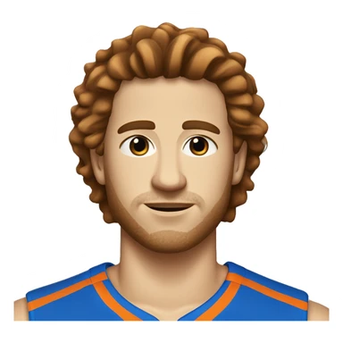 White guy with brown hair wearing a blue basketball jersey with orange pin stripe. Number 24 sticker