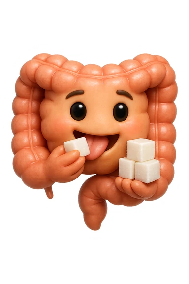 emoji stile iphone di un intestino anatomico che mangia zollette di zucchero, iperrealistico 4k, isolato su sfondo bianco sticker