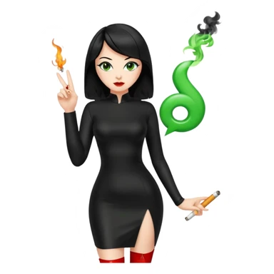 🕵🏻‍♀️💦🧥 black hair , green eyes , full body , red high heels , black latex dress , 🖕🏻🚬 sticker