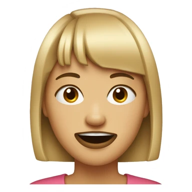 Woman with bangs who’s lips got stuck on her teeth sticker