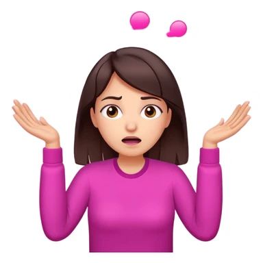 Social media manager. She has dark brown hair, brown eyes,stressed expression, exhaling deeply, hands slightly raised showing frustration. Use vibrant colors with a focus on pink and fuchsia tone sticker