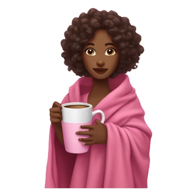 A black woman with dark brown eye and long curly hair  with a pink blanket wrapped over her shoulders, holding a pink mug of coffee sticker